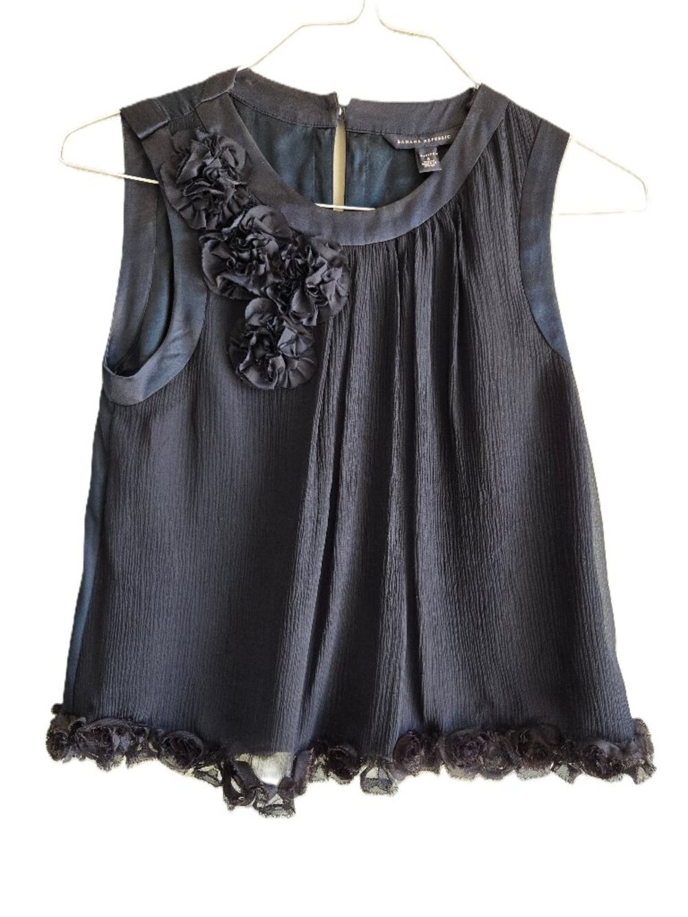 BANANA REPUBLIC Romantic Feminine Sheer Lined Front Black Rosette Tank Top Sz S